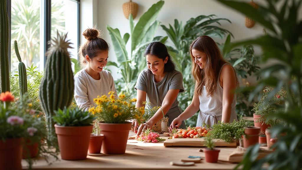 The OasisBloom creative team working together in their sun-drenched floral studio in Singapore
