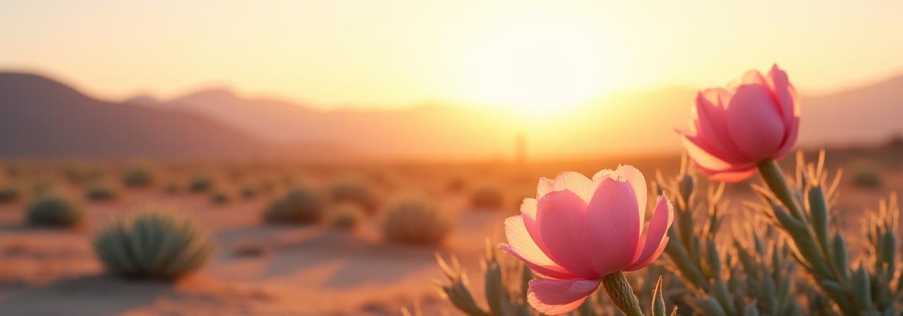 Soft desert landscape with blooming flora, representing peace and security